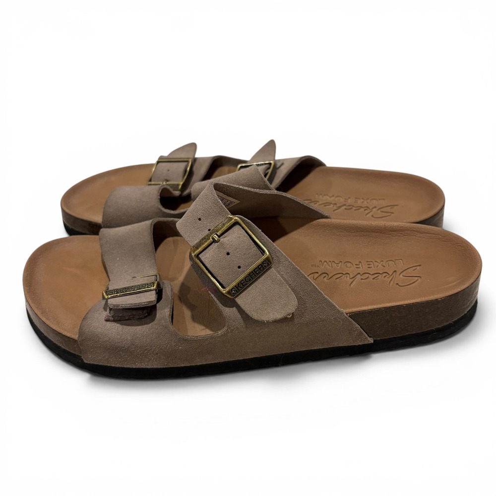 Skechers Luxe Foam Women's Size 7 Taupe Buckle Slide Sandals TPE Cork Midsole - Picture 2 of 10